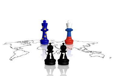 Avrupa Birliği, Rusya 'nın Ukrayna' daki savaş ve saldırganlığı için ambargo ve yaptırımlar uyguluyor. AB ve Rusya bayraklarından yapılan satranç. 