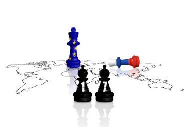 Avrupa Birliği, Rusya 'nın Ukrayna' daki savaş ve saldırganlığı için ambargo ve yaptırımlar uyguluyor. Satranç, AB ve Rusya 'nın bayraklarından yapıldı. 17 yaptırım paketi