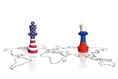 Ukrayna 'daki Rus savaşı ve saldırganlığı için ABD' nin yaptırımları ve ambargosu. ABD ve Rusya 'nın bayraklarından yapılan satranç