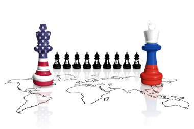 Ukrayna 'daki Rus savaşı ve saldırganlığı için ABD' nin yaptırımları ve ambargosu. ABD ve Rusya 'nın bayraklarından yapılan satranç