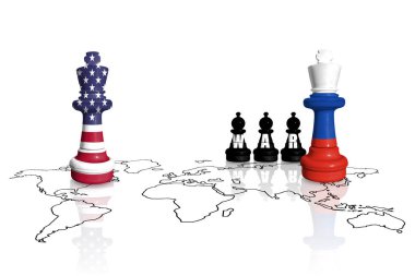 Ukrayna 'daki Rus savaşı ve saldırganlığı için ABD' nin yaptırımları ve ambargosu. ABD ve Rusya 'nın bayraklarından yapılan satranç