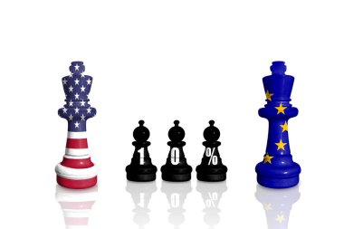 Satranç AB ve ABD bayraklarından yapıldı. Avrupa Birliği ve ABD gümrük vergileri, ticaret, gümrük savaşı. Tarife% 10