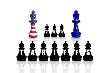 Satranç AB ve ABD bayraklarından yapıldı. Avrupa Birliği ve ABD gümrük vergileri, ticaret, gümrük savaşı. Gümrük% 25