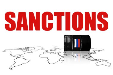 Ukrayna 'daki Rus savaşı ve saldırganlığı için yaptırımlar ve ambargo. Dünya haritalı ham petrol varili