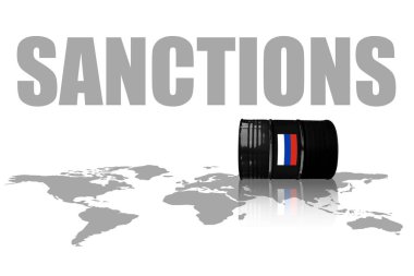 Ukrayna 'daki Rus savaşı ve saldırganlığı için yaptırımlar ve ambargo. Dünya haritalı ham petrol varili