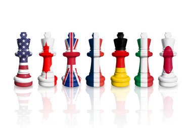 Yedi ya da G7 grubunun bayrakları. Satranç ABD, Kanada, İngiltere, Fransa, İtalya, Almanya ve Japonya bayraklarından yapıldı