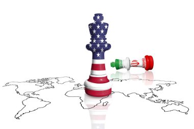 Dünya haritasında ABD ve İran bayraklarından yapılan satranç