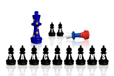 Avrupa Birliği, Rusya 'nın Ukrayna' daki savaş ve saldırganlığı için ambargo ve yaptırımlar uyguluyor. Satranç, AB ve Rusya 'nın bayraklarından yapıldı. 18 yaptırım paketi