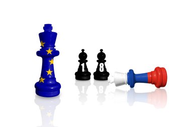 Avrupa Birliği, Rusya 'nın Ukrayna' daki savaş ve saldırganlığı için ambargo ve yaptırımlar uyguluyor. Satranç, AB ve Rusya 'nın bayraklarından yapıldı. 18 yaptırım paketi