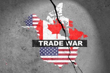 Kanada ve ABD bayrakları, beton duvara TRAD SAVAŞ sözcüğüyle boyanmış. Görev, ticaret, gümrük ve gümrük vergileri savaşı