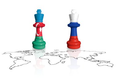 Dünya haritasında Azerbaycan ve Rusya bayraklarından yapılan satranç