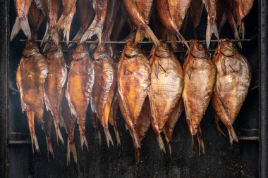 Tütsühanede balık tüttürmek. Tütsülenmiş balık.