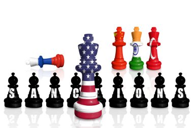 Satranç, ABD, Çin, Hindistan ve Rusya bayraklarından yapılmıştır. Rusya 'nın Ukrayna' daki savaşa ve Rusya 'nın desteğine yönelik yaptırımlar 