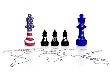 Satranç ABD ve AB bayraklarından yapıldı. Avrupa Birliği ve Amerika Birleşik Devletleri ticaret, gümrük ve gümrük savaşı.