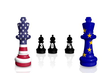 Satranç ABD ve AB bayraklarından yapıldı. Avrupa Birliği ve Amerika Birleşik Devletleri ticaret, gümrük ve gümrük savaşı.