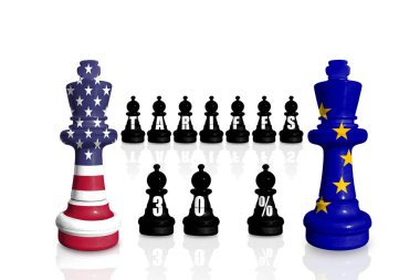 Satranç ABD ve AB bayraklarından yapıldı. Avrupa Birliği ve Amerika Birleşik Devletleri ticaret, gümrük ve gümrük savaşı.