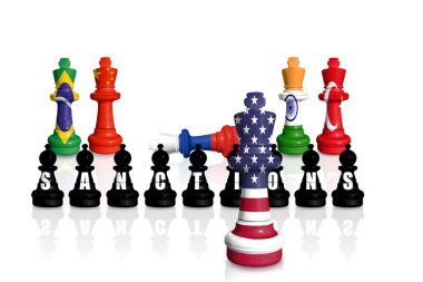 Satranç, ABD, Çin, Hindistan, Brezilya, Türkiye ve Rusya bayraklarından yapılmıştır. Rusya 'nın Ukrayna' daki savaşa ve Rusya 'nın desteğine yönelik yaptırımlar 