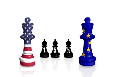 Satranç AB ve ABD bayraklarından yapıldı. Avrupa Birliği ve ABD gümrük vergileri, ticaret, gümrük savaşı