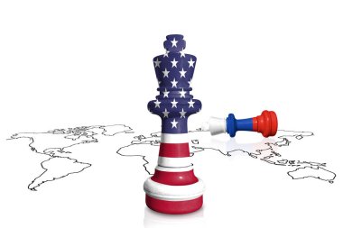 ABD ve Rusya 'nın bayraklarından yapılmış bir dünya haritasında satranç