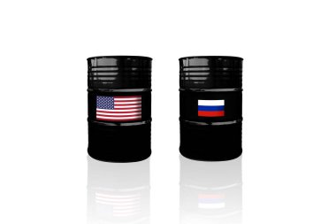 Beyaz arka planda ABD ve Rusya 'nın bayrakları olan ham petrol varilleri. Rusya 'ya yaptırım ve ambargo. 