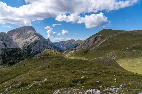 stock image Majestic landscape in the mountains. Dolomites. Italy. Alps. Trails in the mountains. Beautiful rocks and clouds. Beauty of nature. Famous tourist place. High mountains. Summer. Rocks.