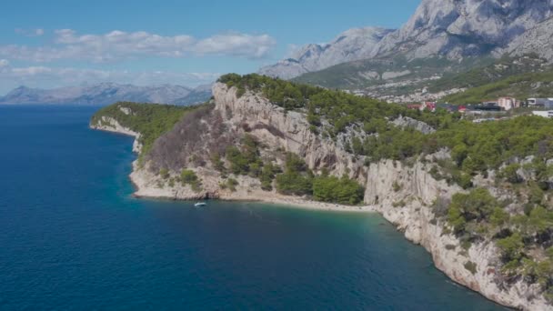 Nagranie Drona Błękitne Morze Skaliste Wybrzeże Pokryte Zielonymi Lasami Wysokie — Wideo stockowe