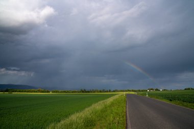 Yaz manzarası. Yeşil tarlaların arasındaki yol. Ufukta ağaçlar ve evler var. Gri fırtınalı gökyüzü. Parlak gökkuşağı. Yağmur ve fırtınadan önce. Almanya. Kırsal alan