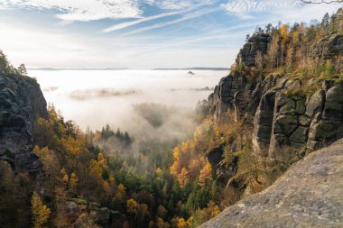 Schrammstein mountains at the elbsadsteingebirge. Autumn landscape. Fog. Blue sky. Saxon Switzerland. Germany