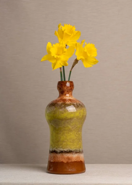 Três Narcisos Amarelos Vaso Fundo Cinza Claro Muito Espaço Para — Fotografia de Stock