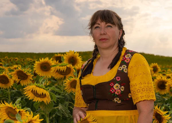 A woman is standing in the middle of a field with many yellow sunflowers. Hair braided, dressed in German national clothes, yellow blouse, brown sundress, yellow apron. In the setting sun.