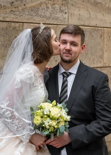Bride Kisses Groom Cheek New Family Wedding Close — Stock Photo, Image