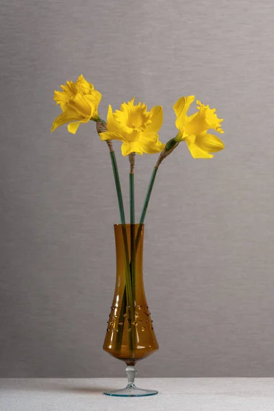 Ramo Flores Amarillas Primavera Narcisos Vaso Marrón Claro Jarrón Transparente — Foto de Stock