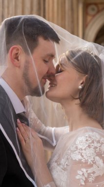 Gelin ve damadın düğün portresi. Mutlu gelin ve damat peçenin altında nazikçe öpüşürler. Aşk, yeni aile, şefkat. düğün