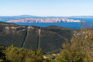 Mavi, şeffaf denizin göz kamaştırıcı üst manzarası, yeşil ağaçlar ve kayalarla kaplı dağlar. resimsi manzara