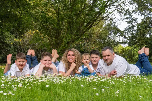 Mutlu büyük aile. Annem, babam ve farklı yaşlardan 4 oğlum papatyaların arasında çimlerin üzerinde yatıyor. En küçüğü 1 yaşında..