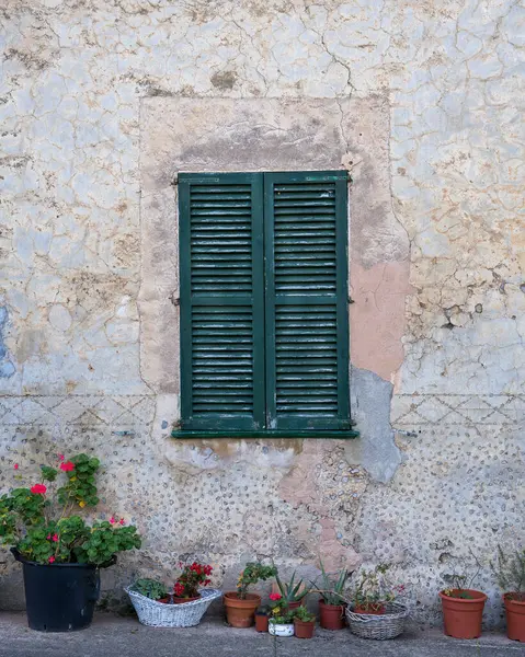 An old wall with a window, green wooden shutters, and a hundred pots of flowers on the ground. Port de Soller, Mallorca, Mediterranean Sea, Spain