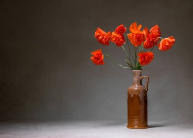 Gelinciklerle hayat. Gri arka planda vazoda kırmızı haşhaş. Mesaj için yer. Tebrikler, kartpostallar, dilekler 