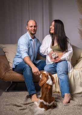 Bir aile bebek bekliyor. Bir adam yerde oturuyor, çıplak göbekli hamile bir kadın kanepede oturuyor. O, ellerinde küçük çoraplar tutuyor ve onların yanında bir köpek oturuyor. Şövalye Kral Charles Cocker Spaniel