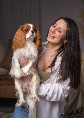 Genç kadın neşeyle gülüyor ve köpeğiyle oynuyor. Şövalye Kral Charles Cocker Spaniel 