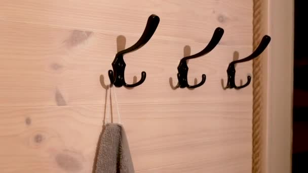 Woman Hand Hangs Towel Opens Door Bathroom Modern Shower Cabin — Stock Video