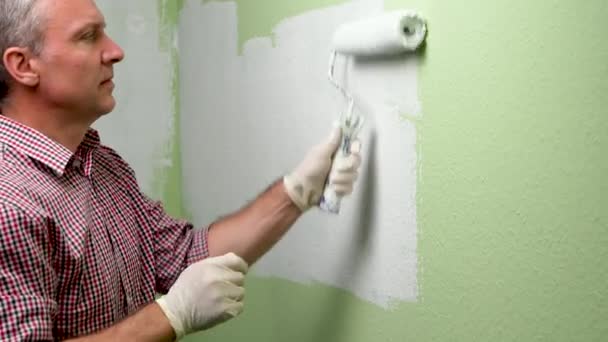 Happy Man Roller White Wall Paint Close Portrait His Hands — Stock Video