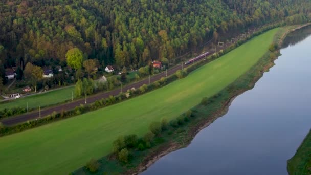 Morgon Nationalparken Saxon Schweiz Tyskland Solen Går Upp Över Floden — Stockvideo