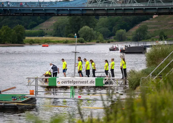 stock image Dresden, Saxony, Germany.06.15.2024 Exciting dragon boat racing. 31st Dragon Boat Festival in Dresden. Dresden Dragon Boat Festival started in 2019. Holiday for  whole family