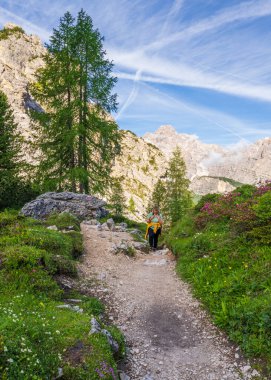 Orta yaşlı bir kadın sırt çantasıyla Alp Dağları 'nda yürüyüş parkurunda yürüyor. Dolomitler, Güney Tyrol, İtalya. 50 yaşından sonra aktif yaşam tarzı