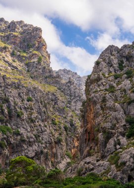  Mallorca Dağları 'nın resimli hava manzarası. Görkemli dağlar. Mallorca, İspanya, Balear Adaları. Yaz tatili, turizm.