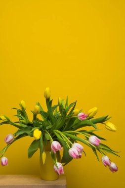 Sarı arka planda sarı vazoda yumuşak pembe laleler. Uzayı kopyala - Evet. Kartpostal Kutlarım. Dilekler. Durgun hayat.