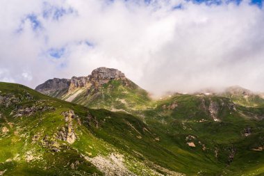 Grossglockner yüksek dağlık yolu boyunca yeşil bitki örtüsüyle kaplı yüksek dağların nefes kesici manzarası. Macera, keşif, yürüyüş. Avusturya