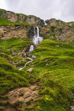 Dağlardaki şelalenin fotoğrafı. Hızlı su akıntıları sarp kayalıklardan yeşilliklerle çevrilidir. Majestic Alp tepeleri. Grossglockner High Alpine Yolu. Avusturya