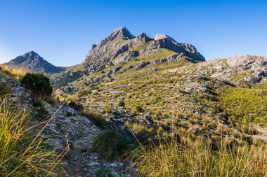 İspanya 'nın Mallorca adasındaki görkemli Tramuntana Dağları. Dik yamaçlı manzara, yeşil vadiler. Mavi gökyüzü, bulutlar doğal güzelliği vurgular. Seyahat, doğa, macera