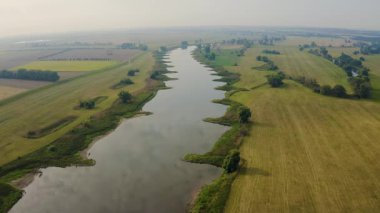 Almanya, Elbe Nehri 'nde sisli bir sabah. Hava görüntüsü. Nehir, çayırlarda biçilmiş tarlaların arasında kıvrılır. Bankalar doğal eğrilerle kesilir. Kavram: ekoloji, kırsal. 